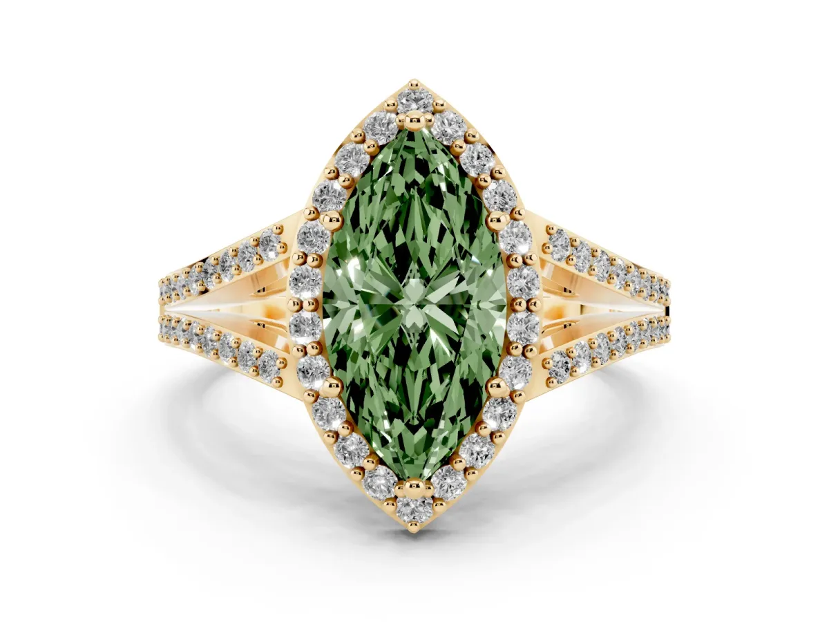 Fancy Green Marquise Cut Halo Split Shank Pave Diamond Ring with Four-Prong Setting Yellow gold
