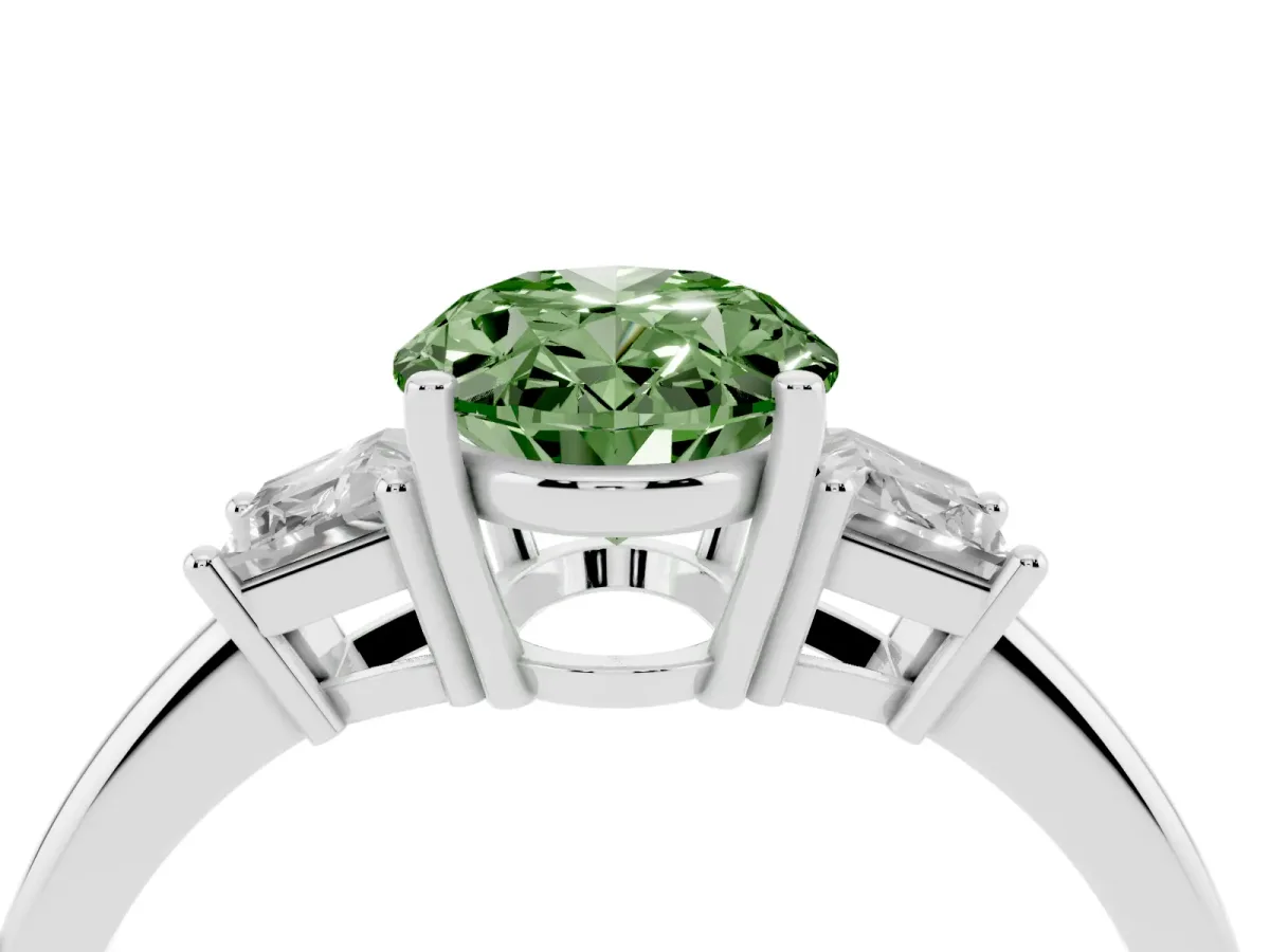 Fancy Green Oval Cut Diamond Three-Stone Ring with Trapezoid Side Stones and Prong Setting Platinum