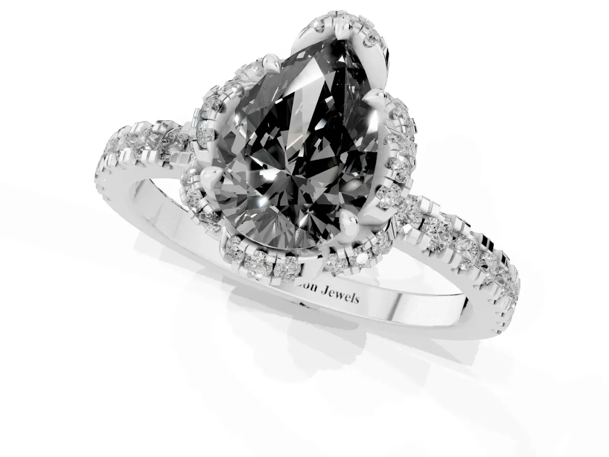 Fancy Black Pear Cut Diamond Halo Pave Band with Four-Prong Setting Silver