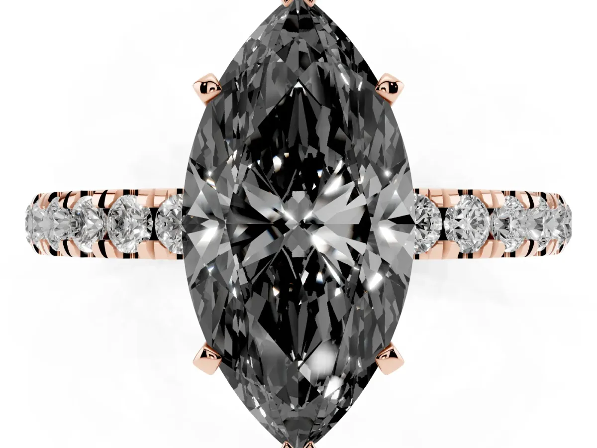 Fancy Black Marquise Cut Diamond Solitaire Ring with Pavé Accents and Four-Prong Setting Rose gold