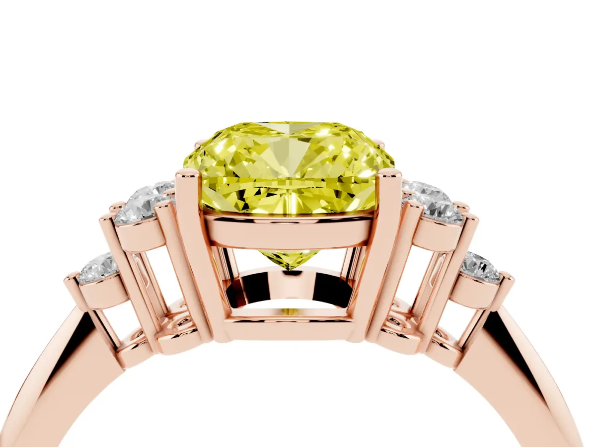 Fancy Yellow Cushion Cut Cut Diamond Cluster Ring with Solitaire Band and Four-Prong Setting Rose gold