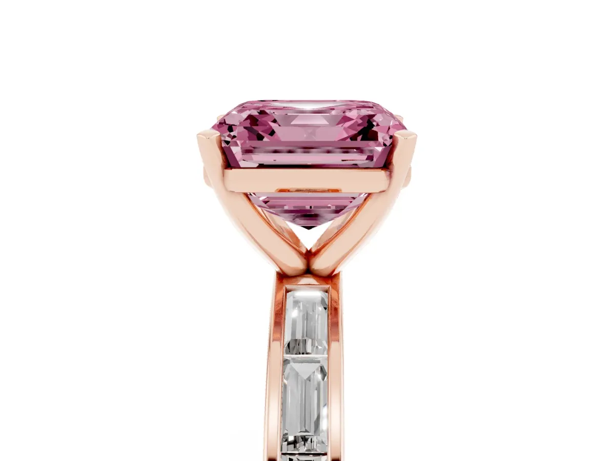 Fancy Pink Asscher Cut Solitaire Diamond Ring with Channel-Set Baguette Band and Four-Prong Setting Rose gold