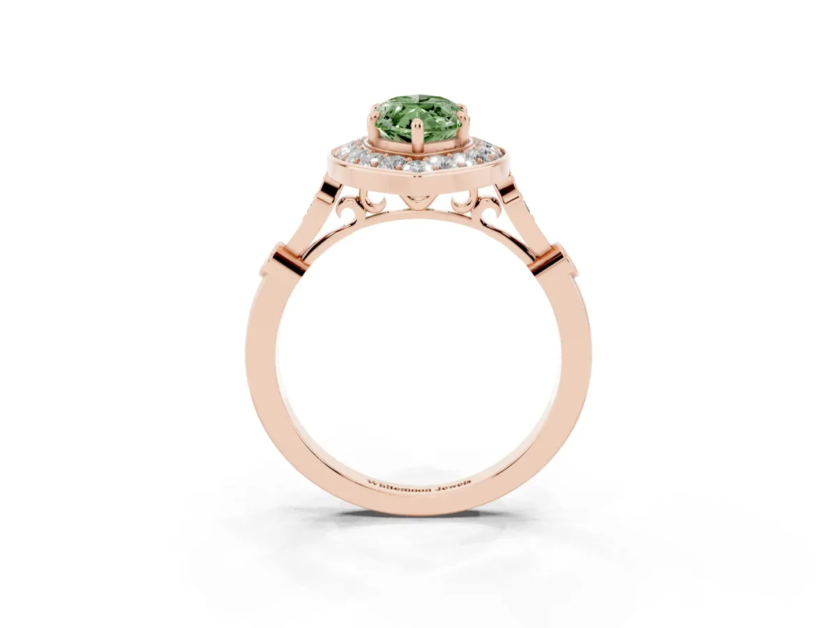 Fancy Green Marquise Cut Halo Diamond Engagement Ring with Twisted Band and Four-Prong Setting Rose gold