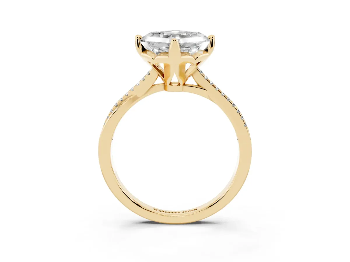 Asscher Cut Solitaire Twist Band with Pavé Diamonds and Four-Prong Setting Yellow gold