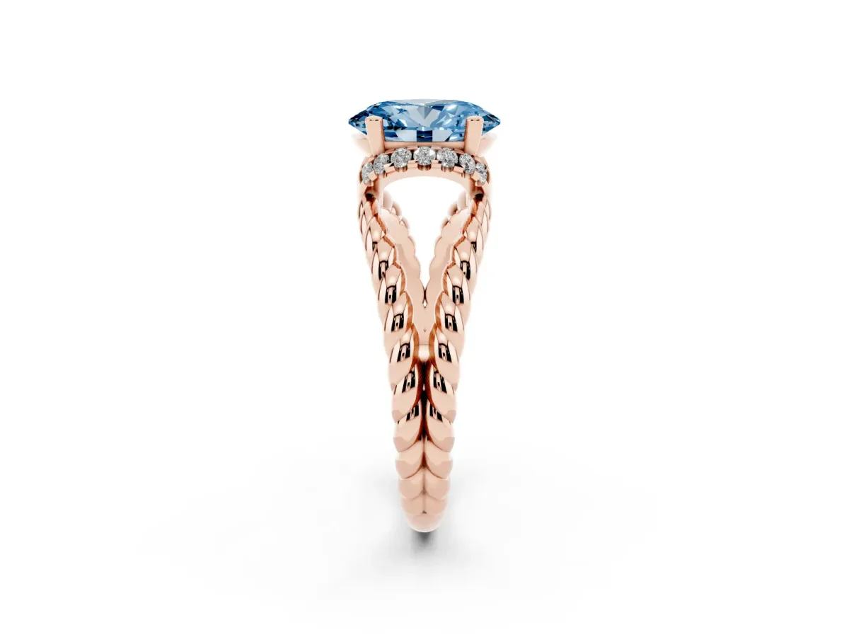 Fancy Blue Oval Cut Halo Twisted Band Four-Prong Ring Rose gold
