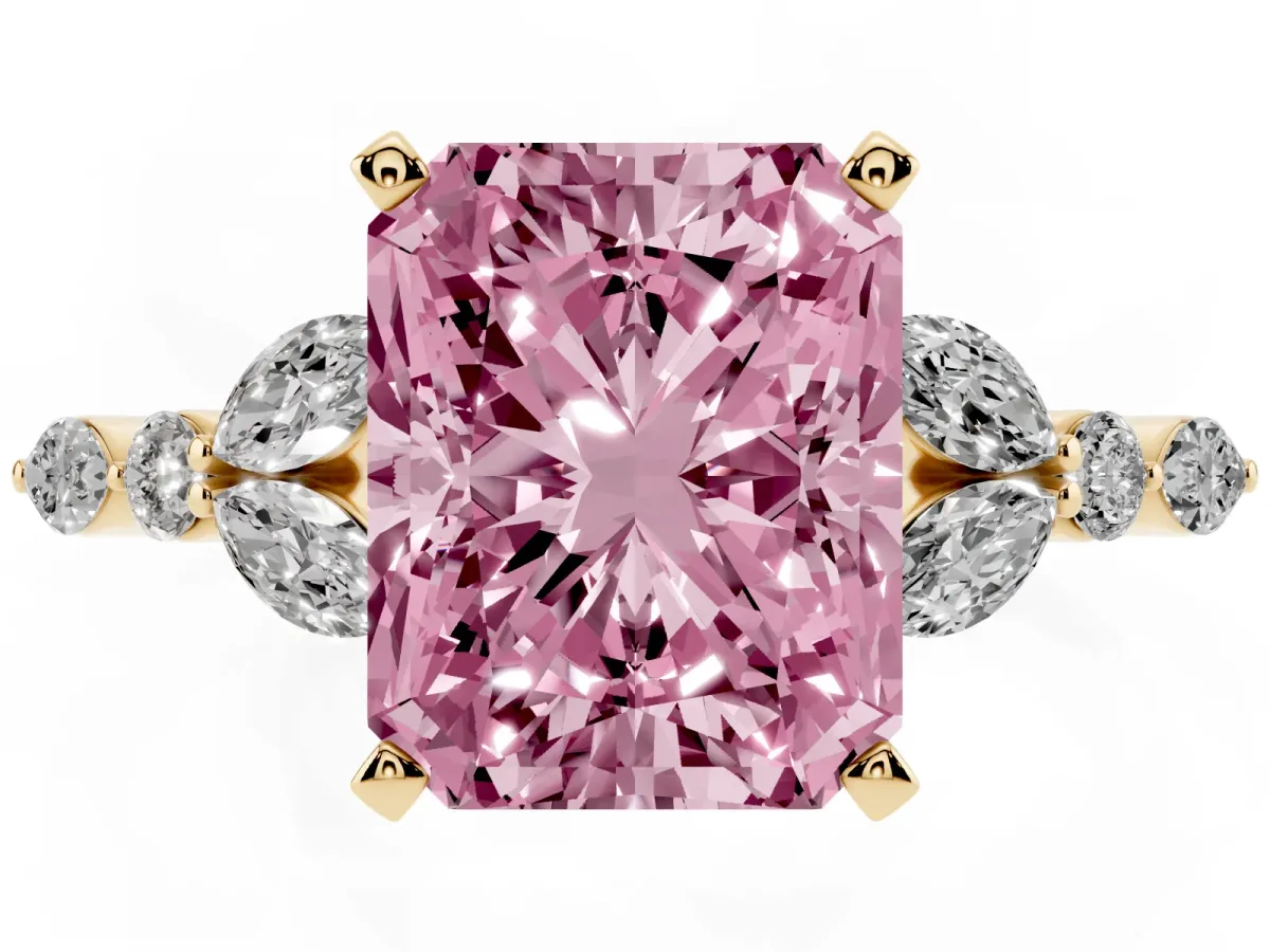 Fancy Pink Radiant Cut Diamond Solitaire Ring with Side Stones and Four-Prong Setting Yellow gold