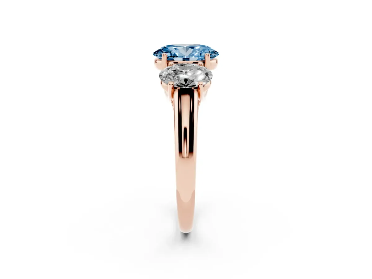 Fancy Blue Three-Stone Oval Cut Diamond Engagement Ring with Prong Setting Rose gold
