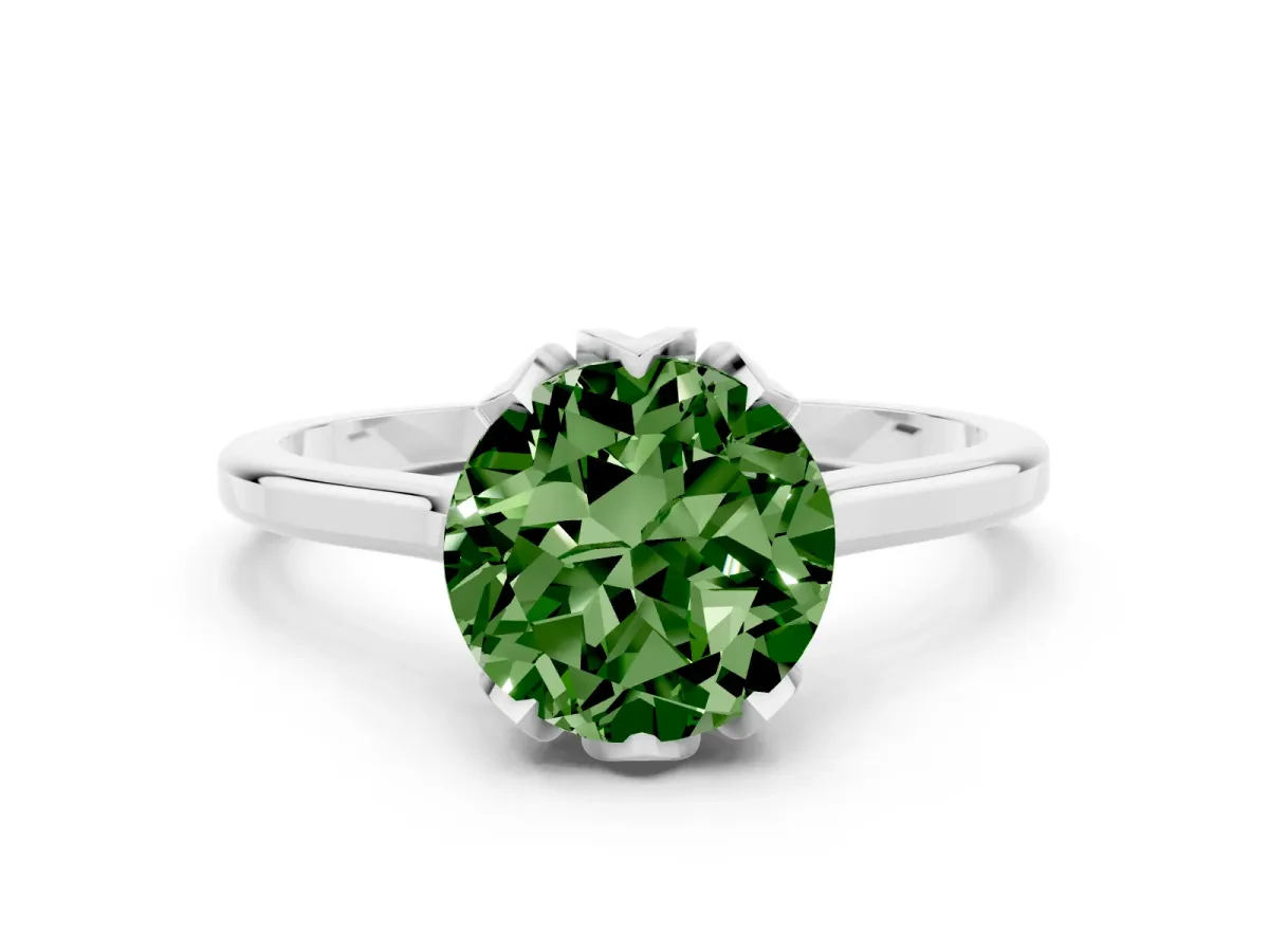 Fancy Green Round Cut Diamond Solitaire Ring with Flower Prong Setting and Classic Band Silver