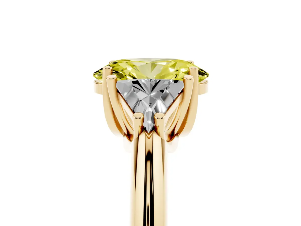 Fancy Yellow Three-Stone Oval Cut Diamond Engagement Ring with Trillion Side Stones and Prong Setting Yellow gold