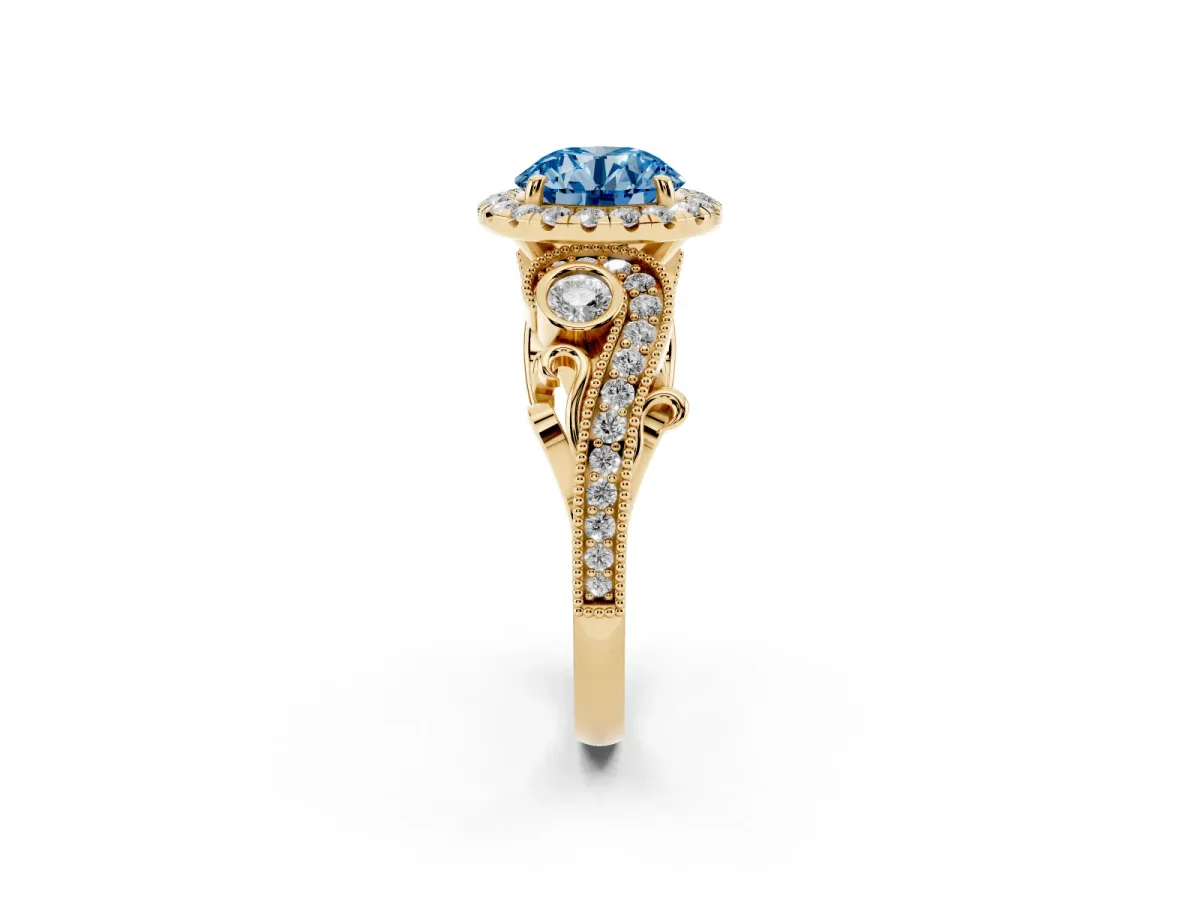 Fancy Blue Round Cut Diamond Halo Ring with Milgrain Pavé Band and Four-Prong Setting Yellow gold