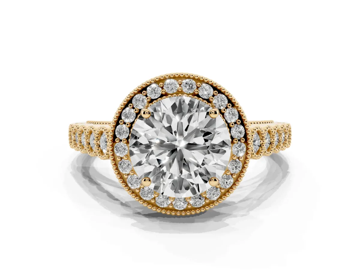 Round Cut Halo Milgrain Solitaire with Bezel Set Side Stones and Pave Band Yellow gold