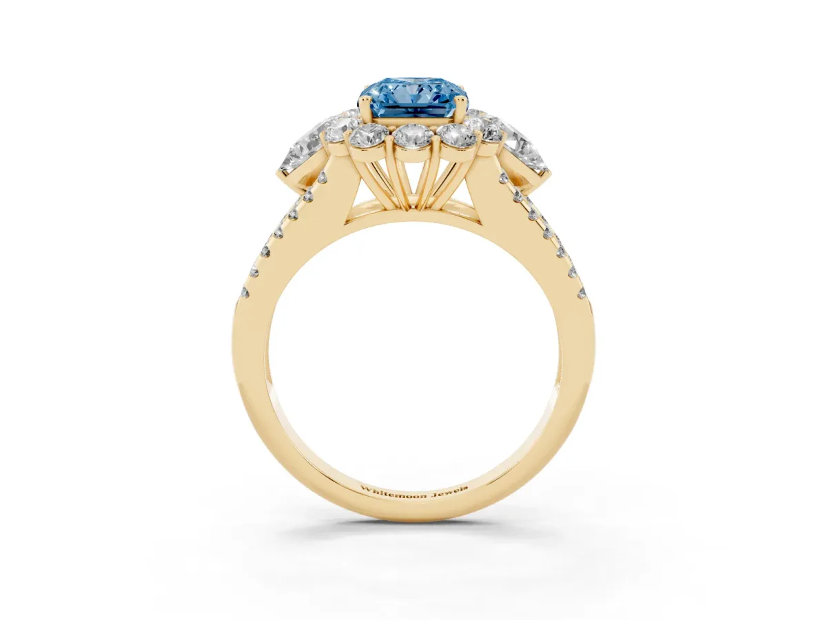 Fancy Blue Radiant Cut Halo Split Shank Diamond Engagement Ring with Prong Setting Yellow gold