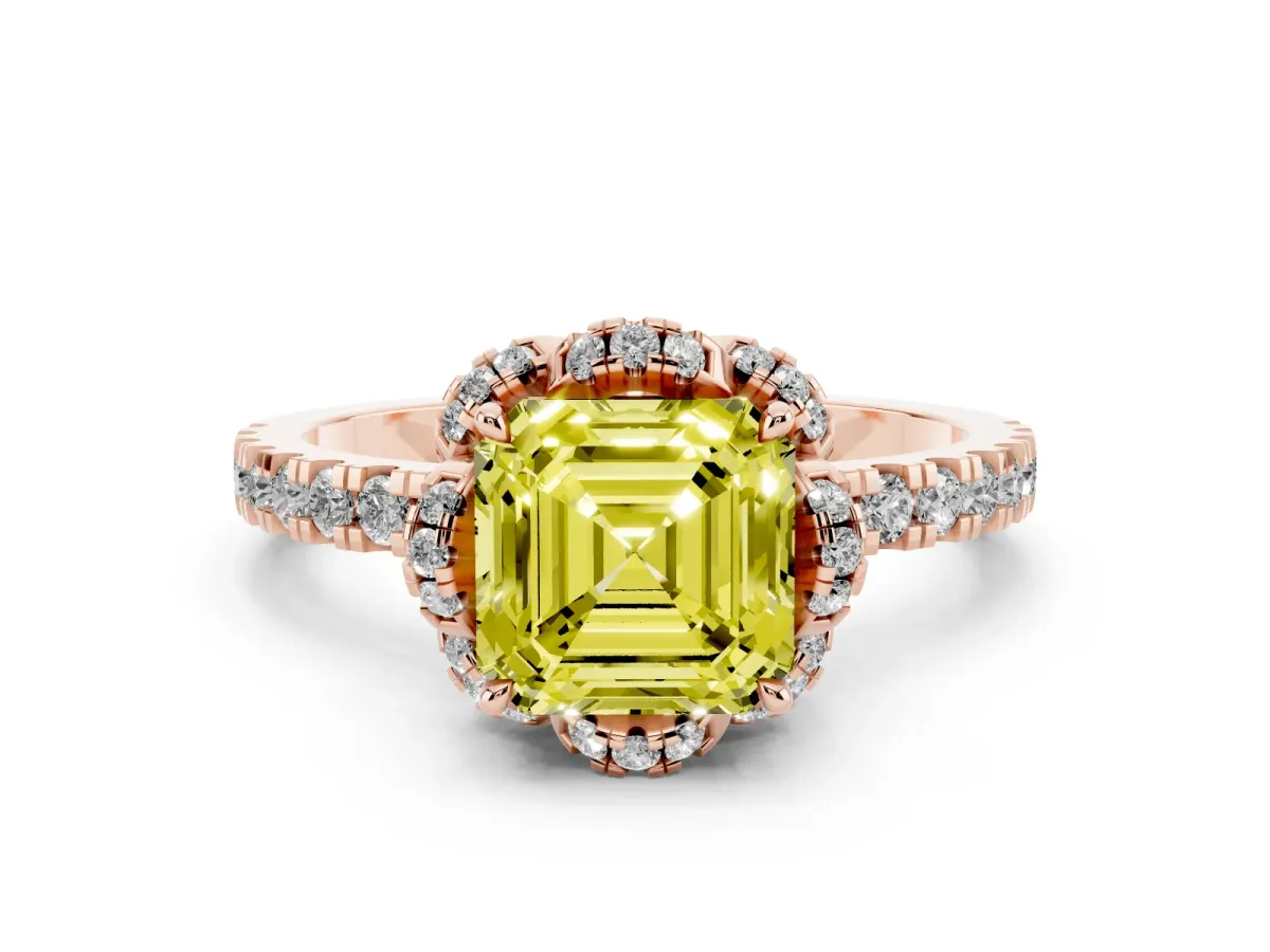 Fancy Yellow Asscher Cut Halo Diamond Pave Band Ring with Four-Prong Setting Rose gold