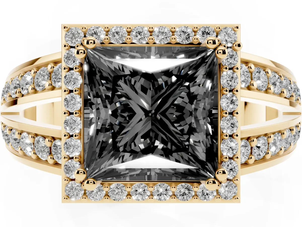 Fancy Black Princess Cut Diamond Halo Ring with Split Shank Pavé Band and Four-Prong Setting Yellow gold