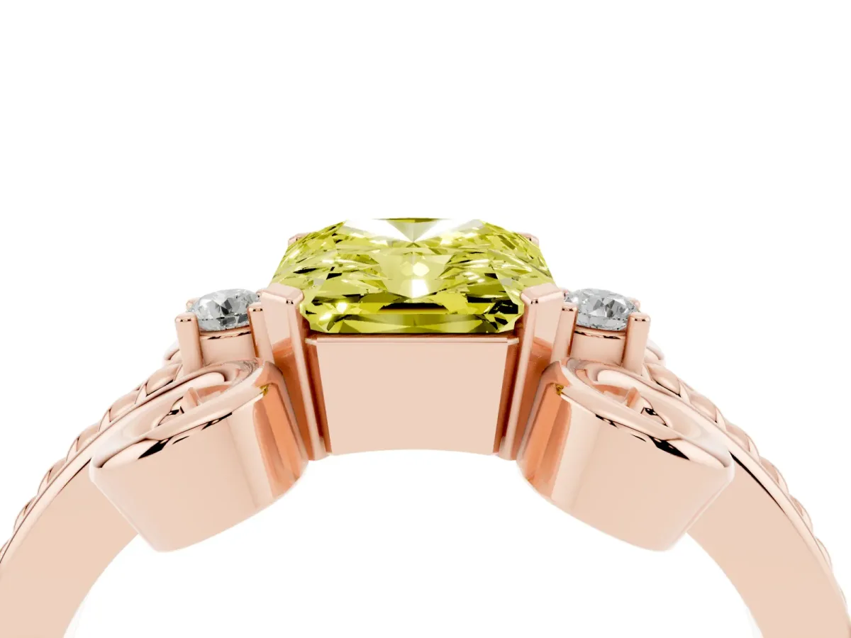 Fancy Yellow Radiant Cut Solitaire Twisted Band Scroll Prong Ring Rose gold