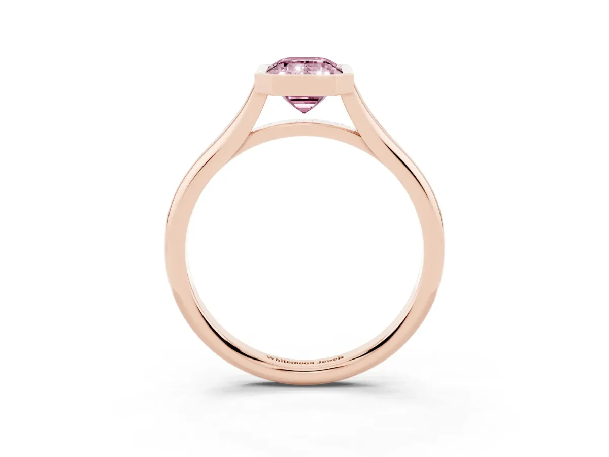Fancy Pink Bezel Set Emerald Cut Cut Solitaire Ring with Tapered Band Rose gold