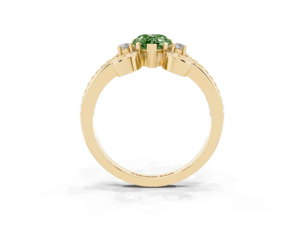 Fancy Green Pear Cut Solitaire Twisted Band Scroll Prong Ring Yellow gold
