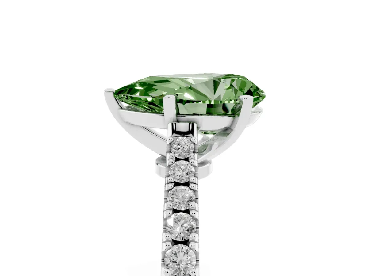 Fancy Green Pear Cut Cut Solitaire Diamond Engagement Ring with Pave Band and Four-Prong Setting Platinum