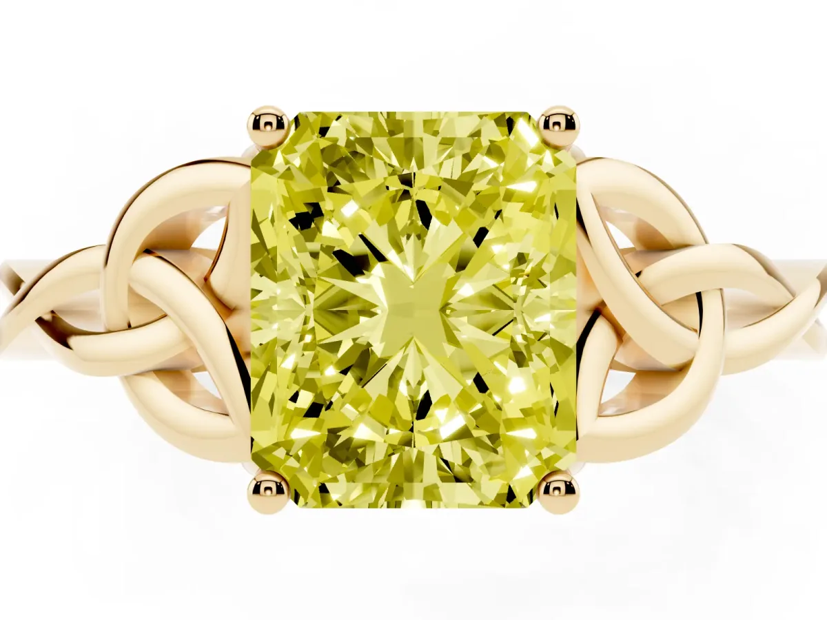 Fancy Yellow Radiant Cut Diamond Solitaire Engagement Ring with Celtic Knot Band and Four-Prong Setting Yellow gold
