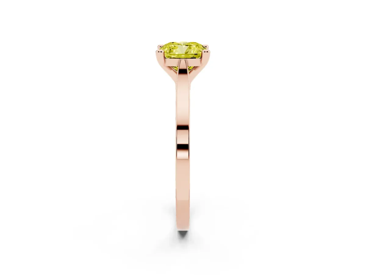 Fancy Yellow Cushion Cut Solitaire Diamond Ring with Four-Prong Setting and Tapered Band Rose gold