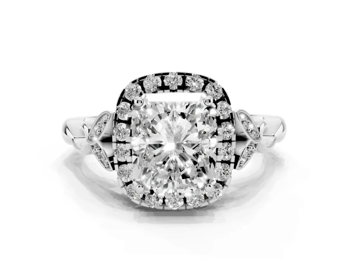 Radiant Cut Halo Diamond Engagement Ring with Vintage-Inspired Band and Four-Prong Setting White gold