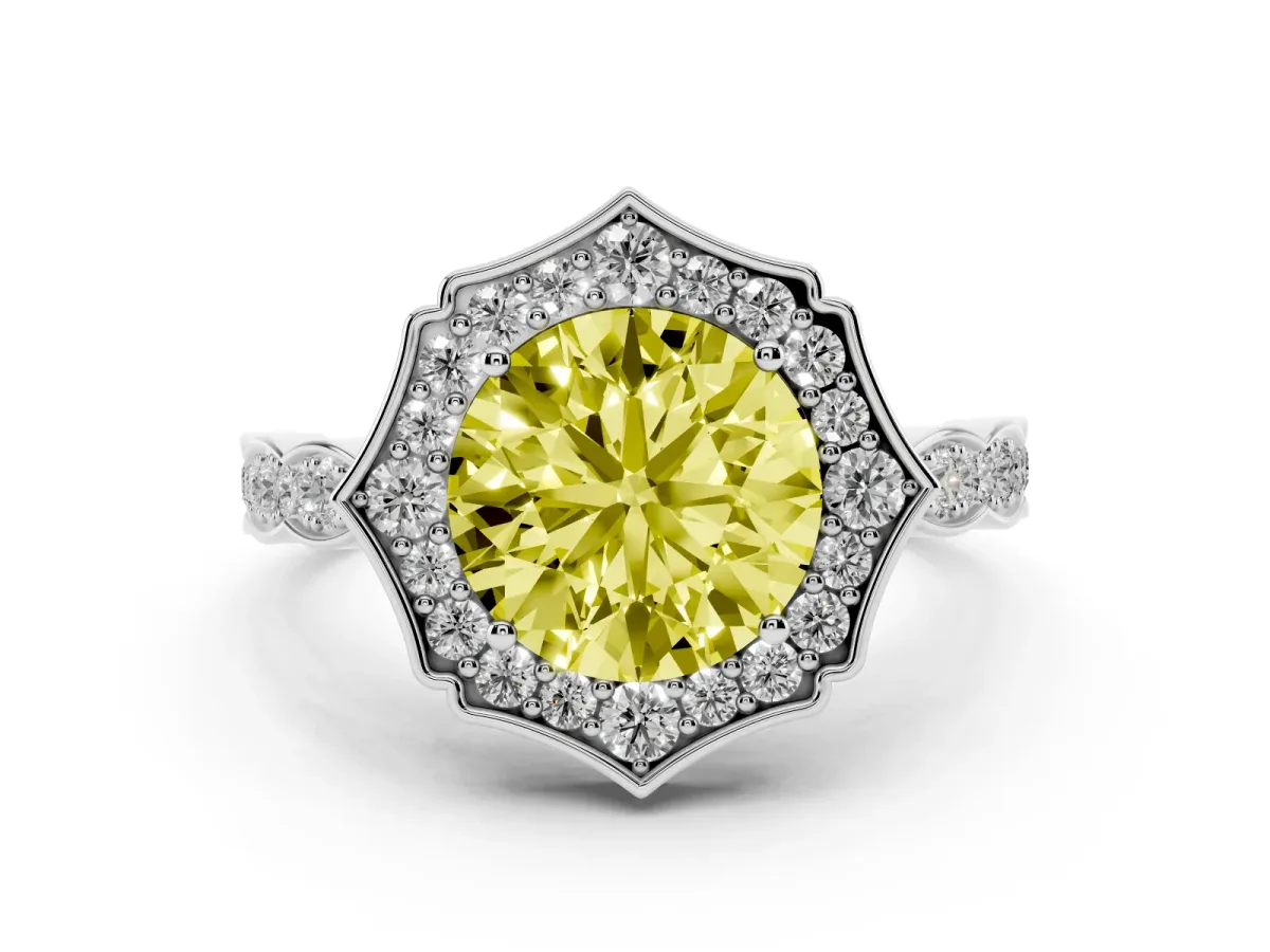 Fancy Yellow Round Cut Halo Diamond Engagement Ring with Milgrain Band and Four-Prong Setting White gold