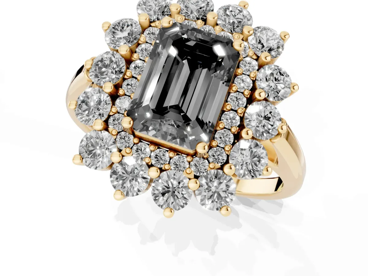 Fancy Black Emerald Cut Diamond Floral Double Halo Engagement Ring with Prong Setting Yellow gold