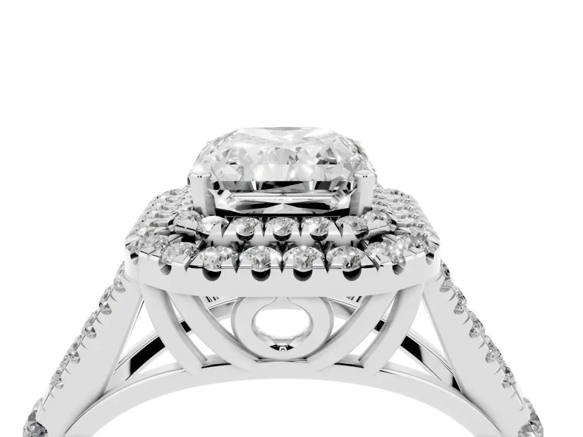 Double Halo Radiant Cut Diamond Split Shank Engagement Ring with Four-Prong Setting Silver