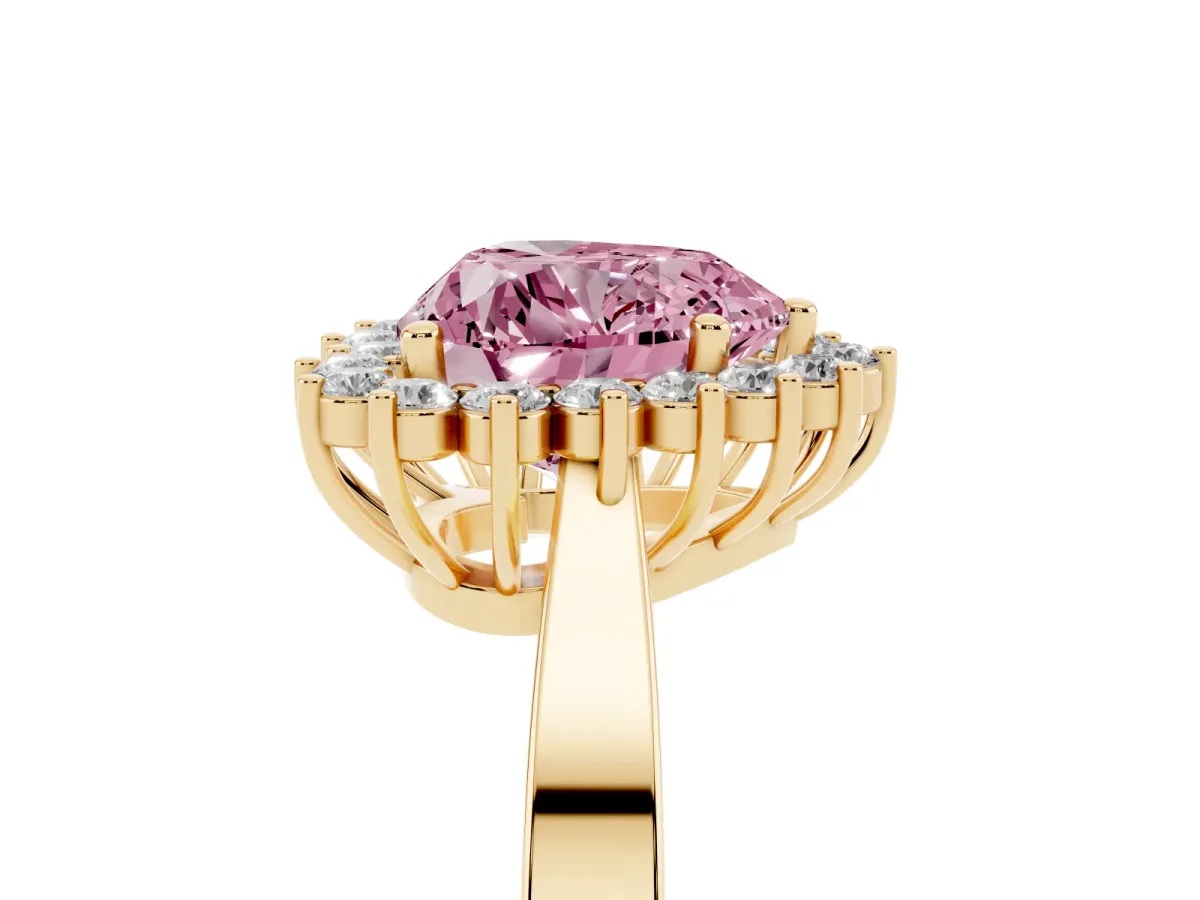 Fancy Pink Heart Cut Cut Diamond Halo Ring with Round Brilliant Halo and Solitaire Band Yellow gold