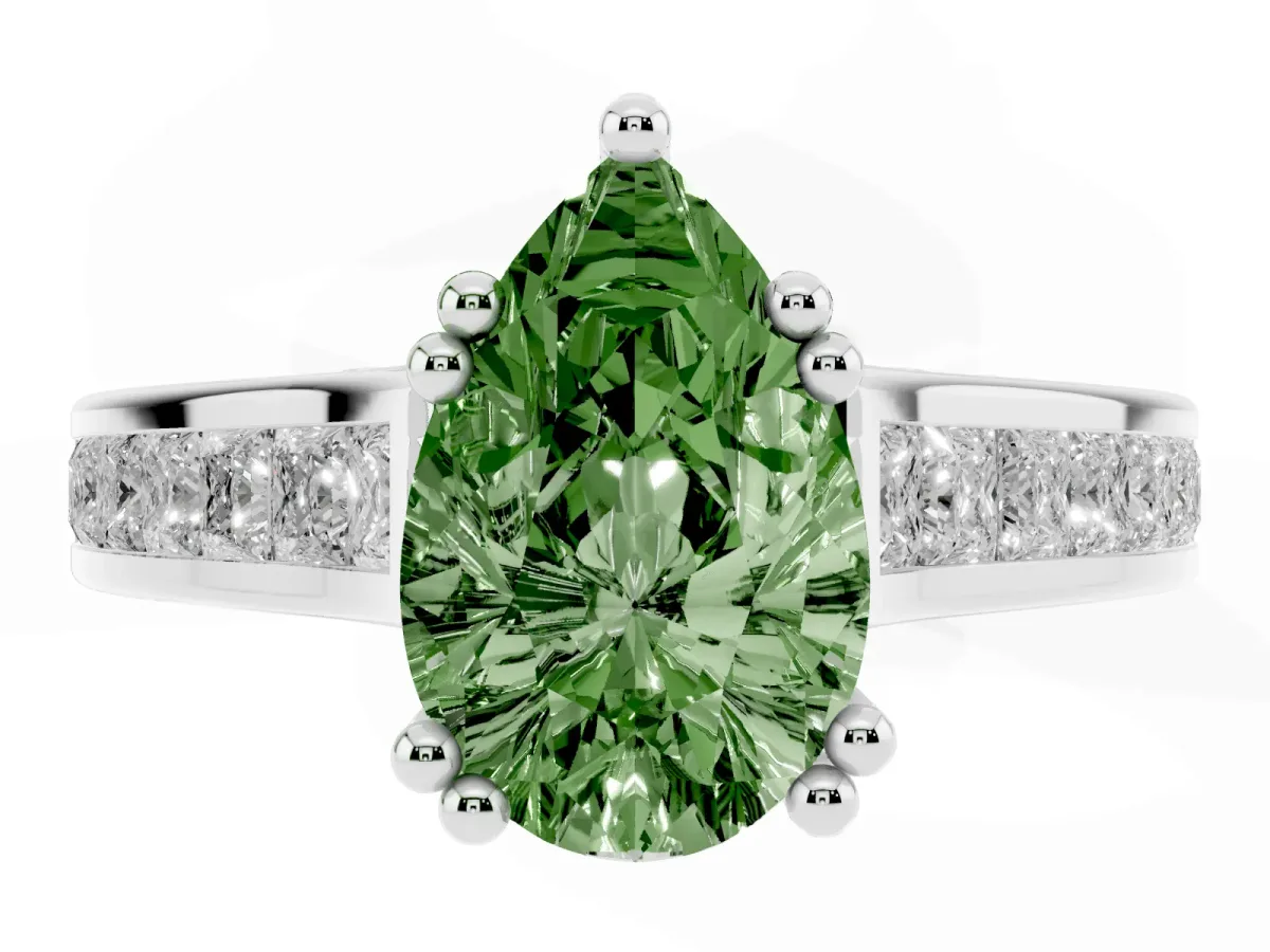 Fancy Green Pear Cut Cut Channel Set Solitaire Engagement Ring with Prong Setting Platinum