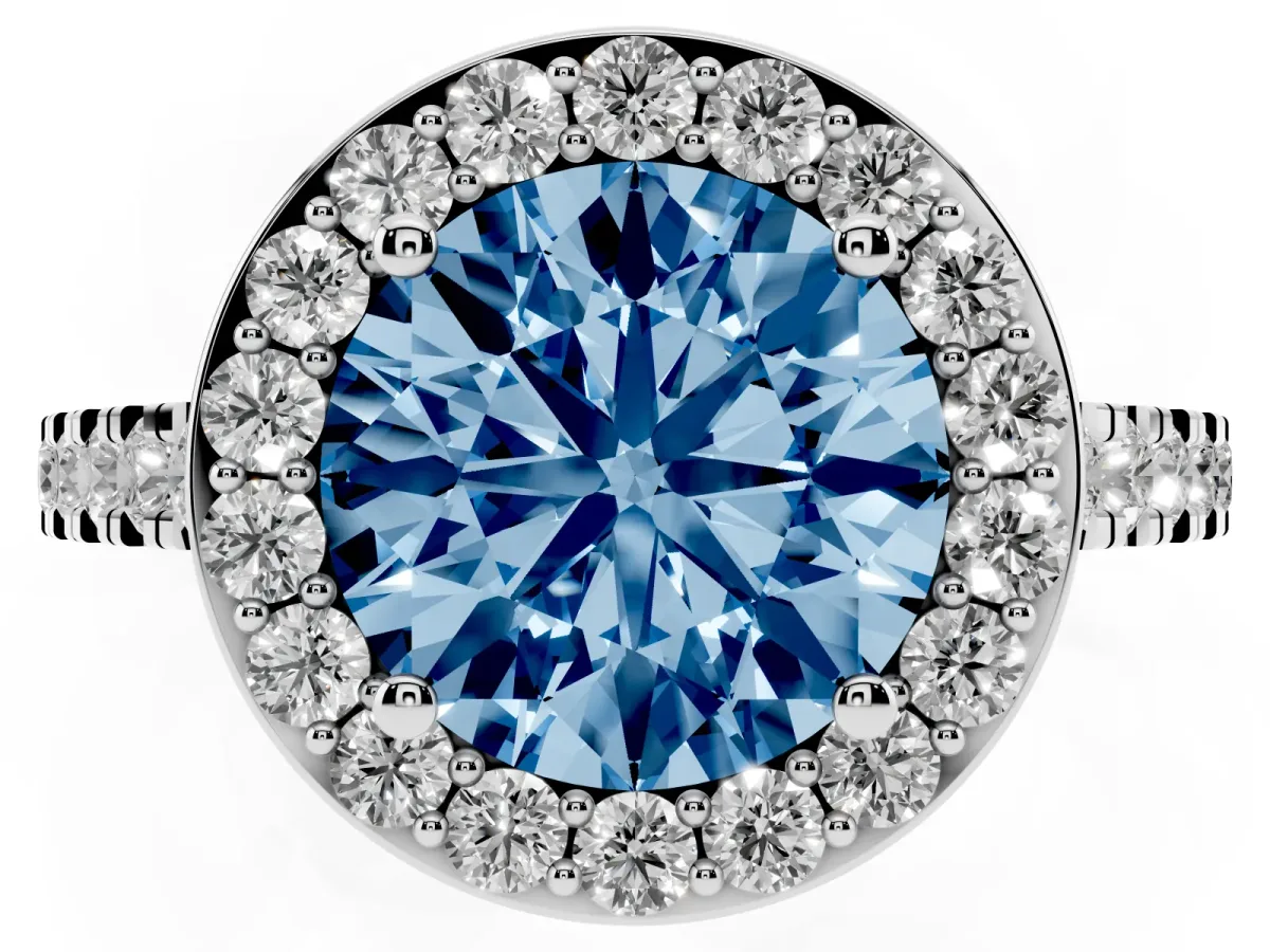 Fancy Blue Round Cut Diamond Halo Ring with Round Pavé Split Shank and Prong Setting Platinum