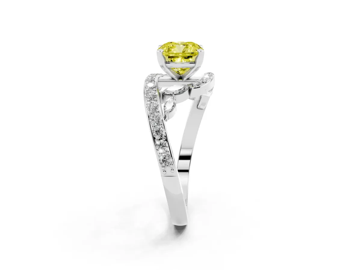 Fancy Yellow Cushion Cut Diamond Solitaire Ring with Filigree Band and Four-Prong Setting Silver
