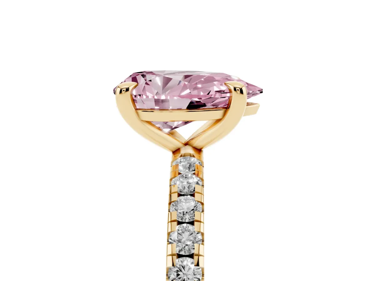 Fancy Pink Pear Cut Diamond Brilliant Solitaire Ring with Pavé Band and Four-Prong Setting Yellow gold