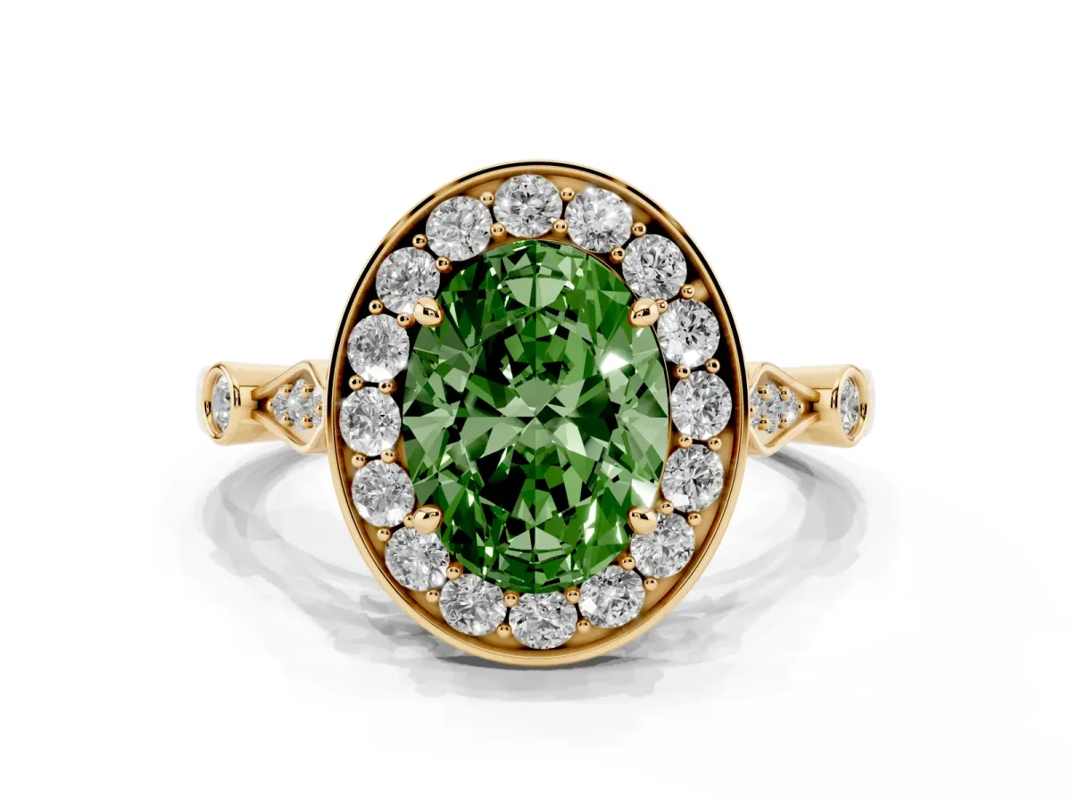 Fancy Green Oval Cut Halo Diamond Engagement Ring with Twisted Band and Four-Prong Setting Yellow gold