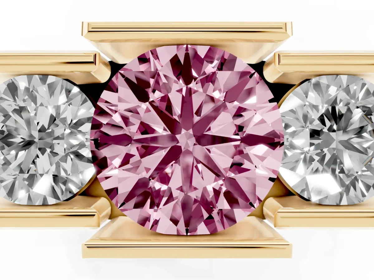 Fancy Pink Three Stone Round Cut Cut Channel Set Diamond Ring Yellow gold