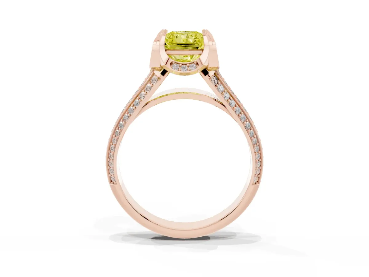 Fancy Yellow Radiant Cut Solitaire Pave Split Shank Ring with Four-Prong Setting Rose gold