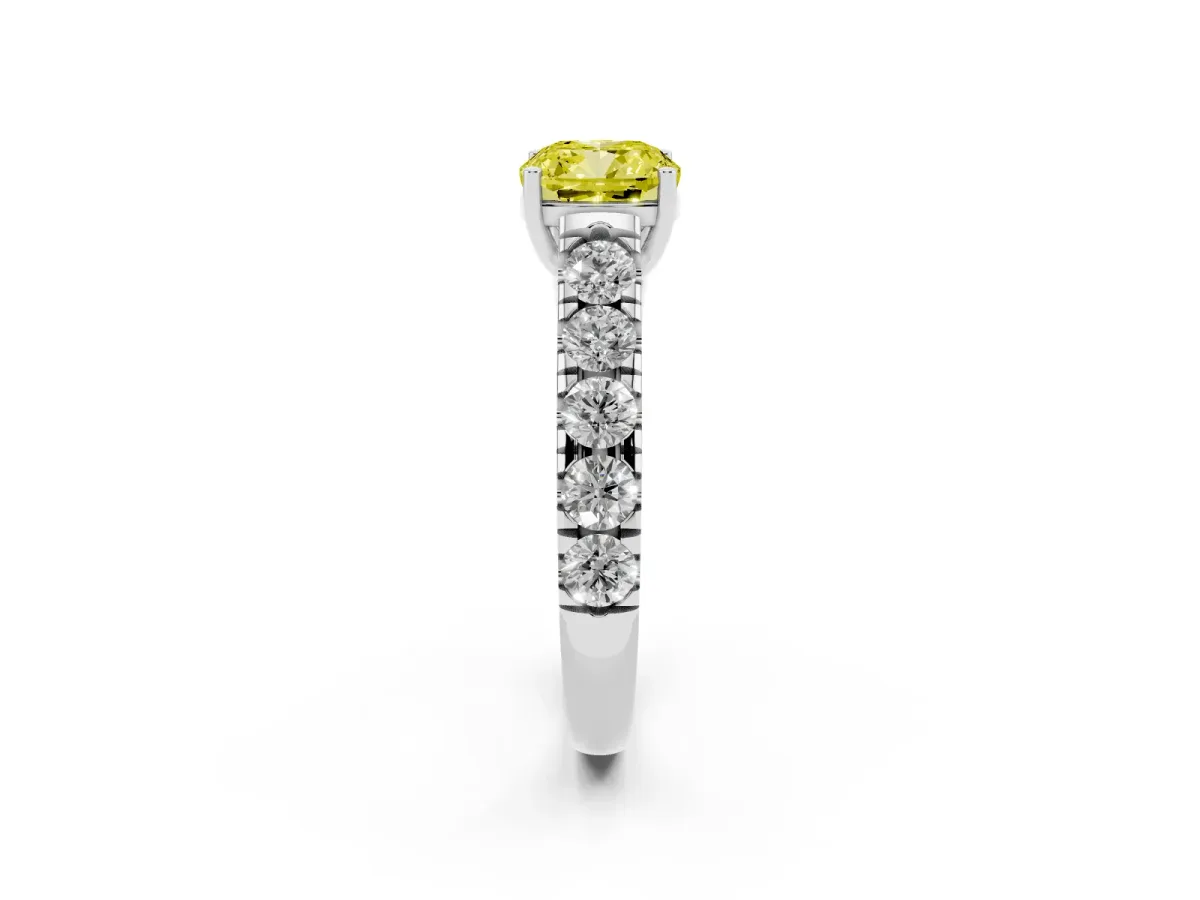 Fancy Yellow Cushion Cut Cut Diamond Solitaire Ring with Micro Pave Band and Prong Setting Silver