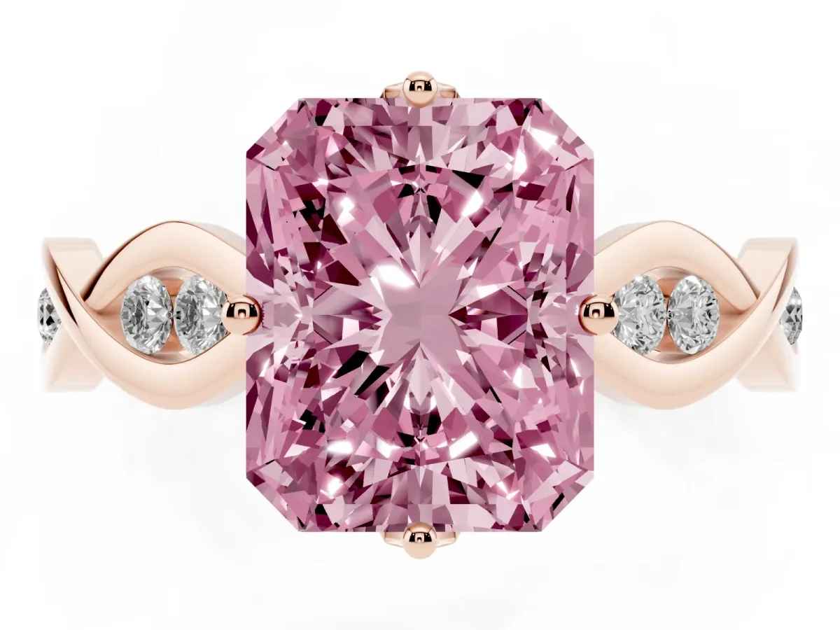 Fancy Pink Radiant Cut Solitaire Twist Band with Leaf Prong Setting Rose gold