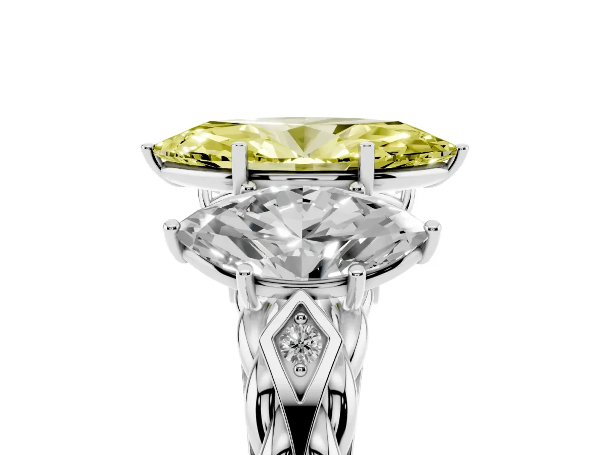 Fancy Yellow Three-Stone Marquise Cut Diamond Braided Band Ring with Four-Prong Setting Silver