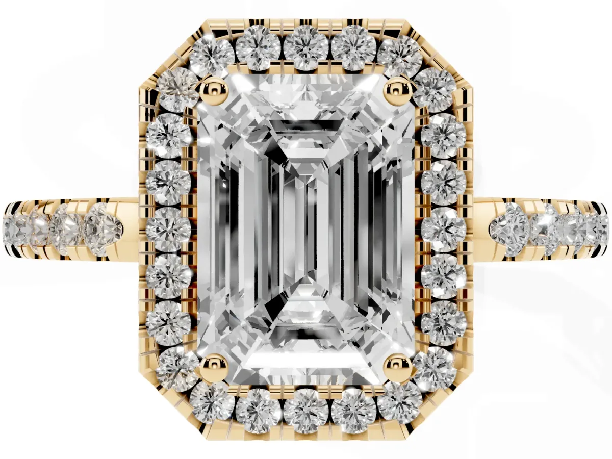 Emerald Cut Halo Diamond Engagement Ring with Pavé Band and Four-Prong Setting Yellow gold