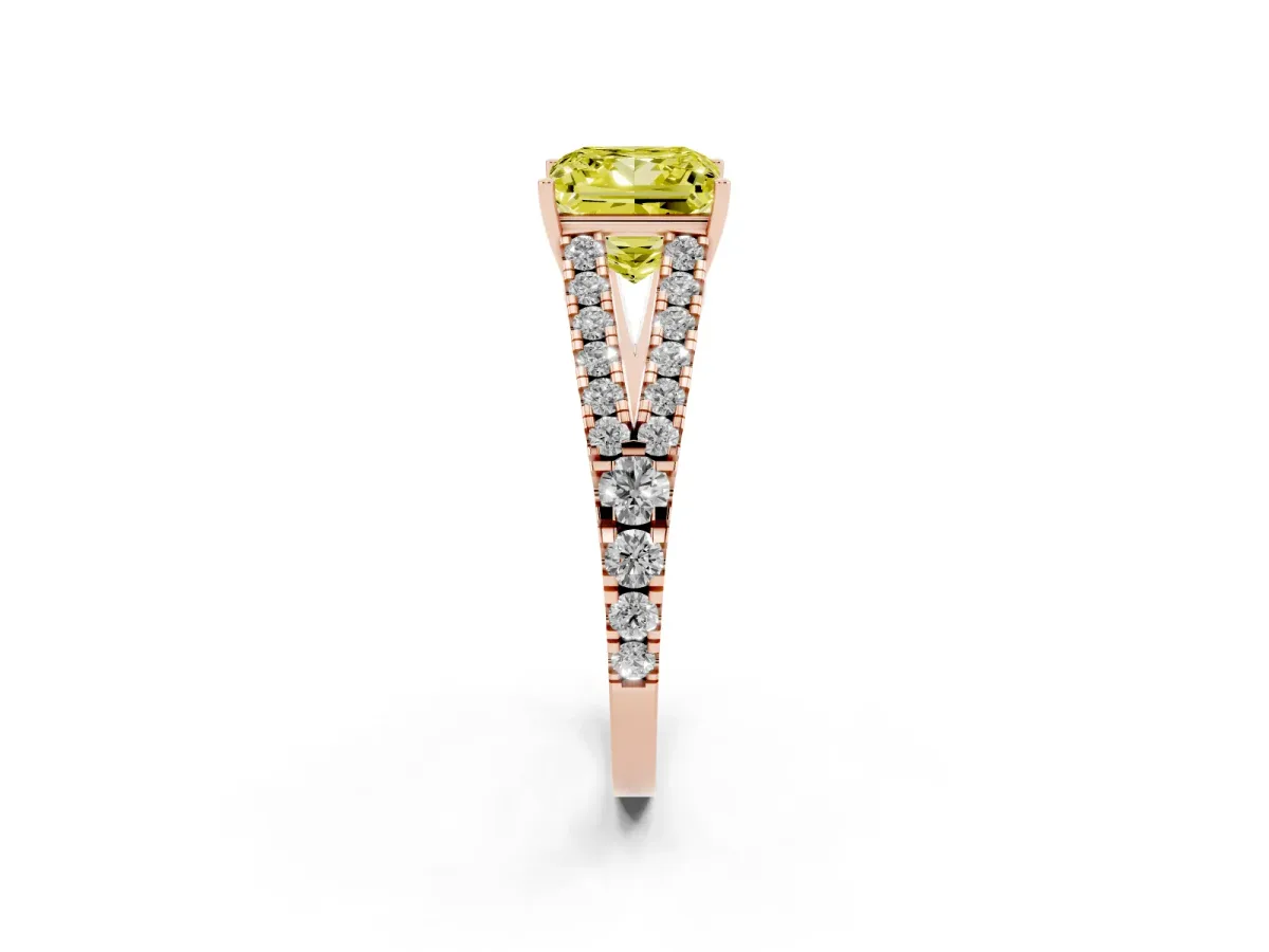 Fancy Yellow Princess Cut Diamond Split Shank Pavé Engagement Ring with Four-Prong Setting Rose gold
