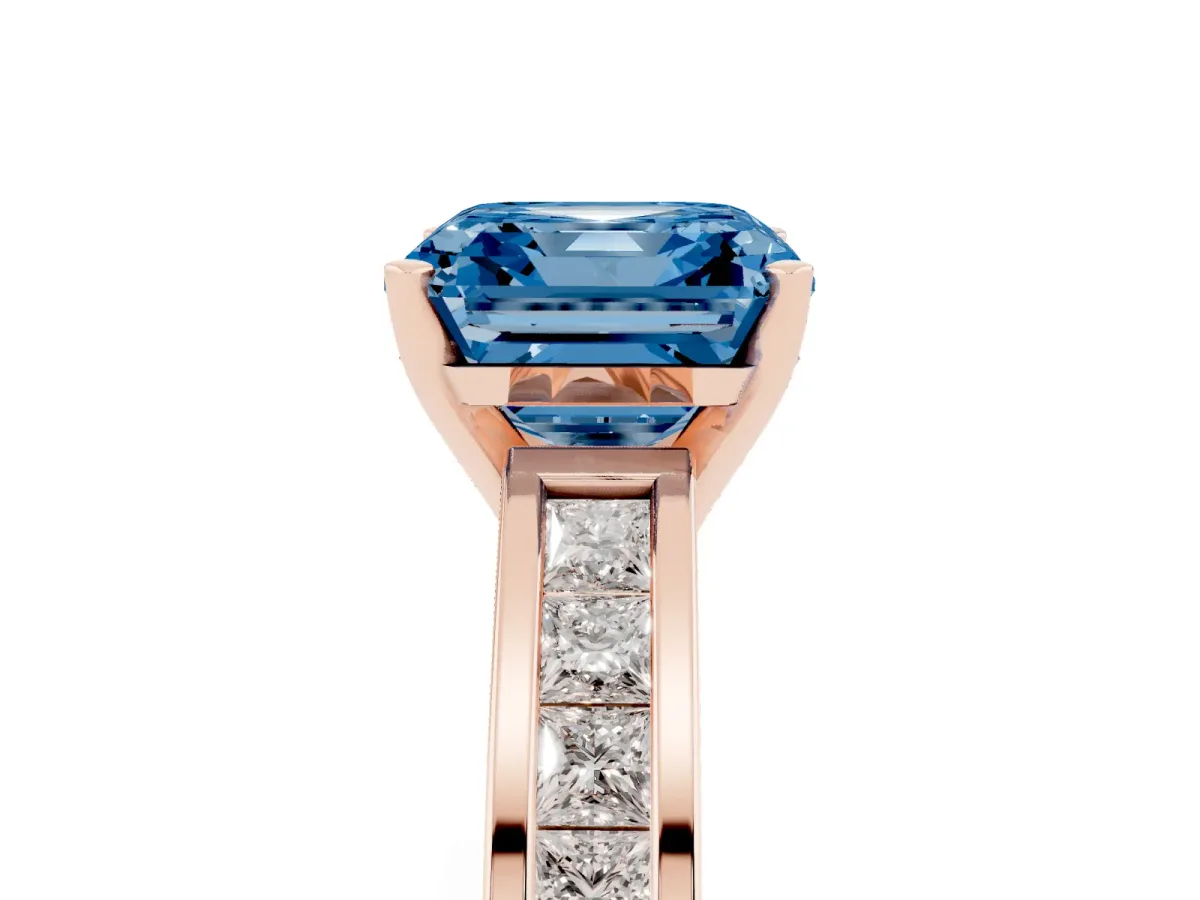 Fancy Blue Asscher Cut Solitaire Diamond Ring with Channel-Set Band and Four-Prong Setting Rose gold