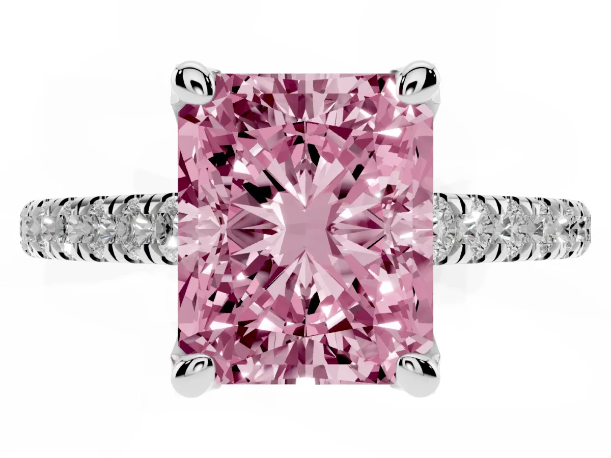 Fancy Pink Radiant Cut Brilliant Diamond Solitaire with Pavé Band and Four-Prong Setting Platinum