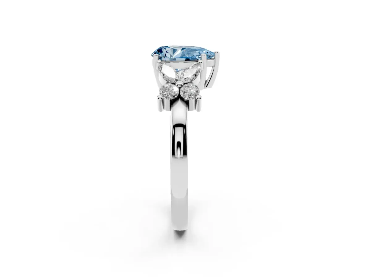 Fancy Blue Pear Cut Diamond Floral Cluster Ring with Solitaire Band and Prong Setting Silver