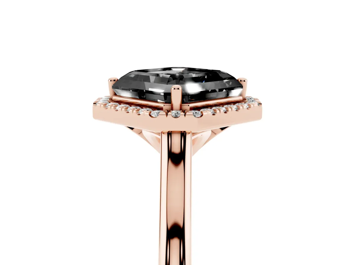 Fancy Black Asscher Cut Halo Round Diamond Solitaire Engagement Ring with Pave Band and Four-Prong Setting Rose gold
