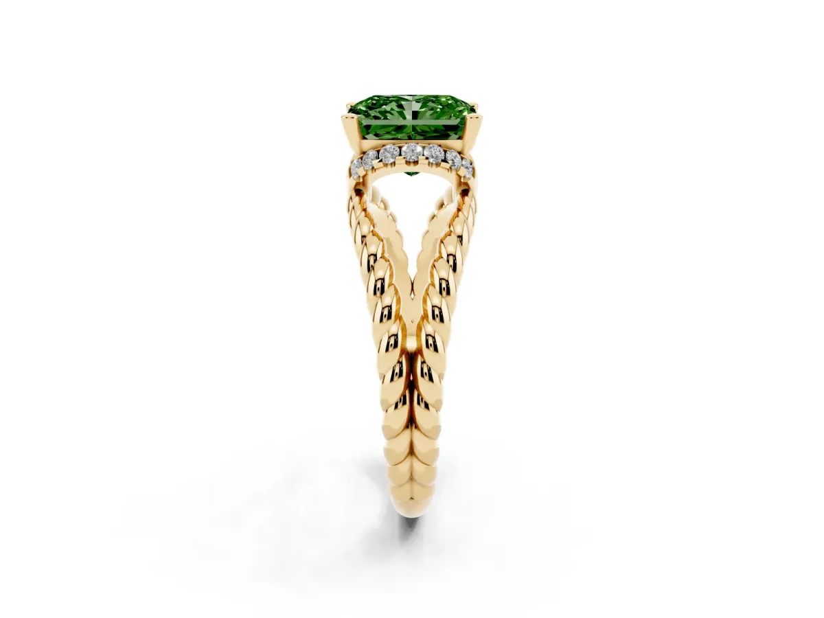 Fancy Green Radiant Cut Halo Twisted Band Four-Prong Ring Yellow gold