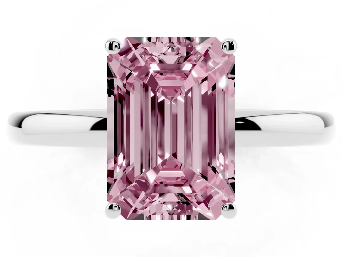 Fancy Pink Emerald Cut Solitaire Diamond Ring with Prong Setting and Plain Band Silver