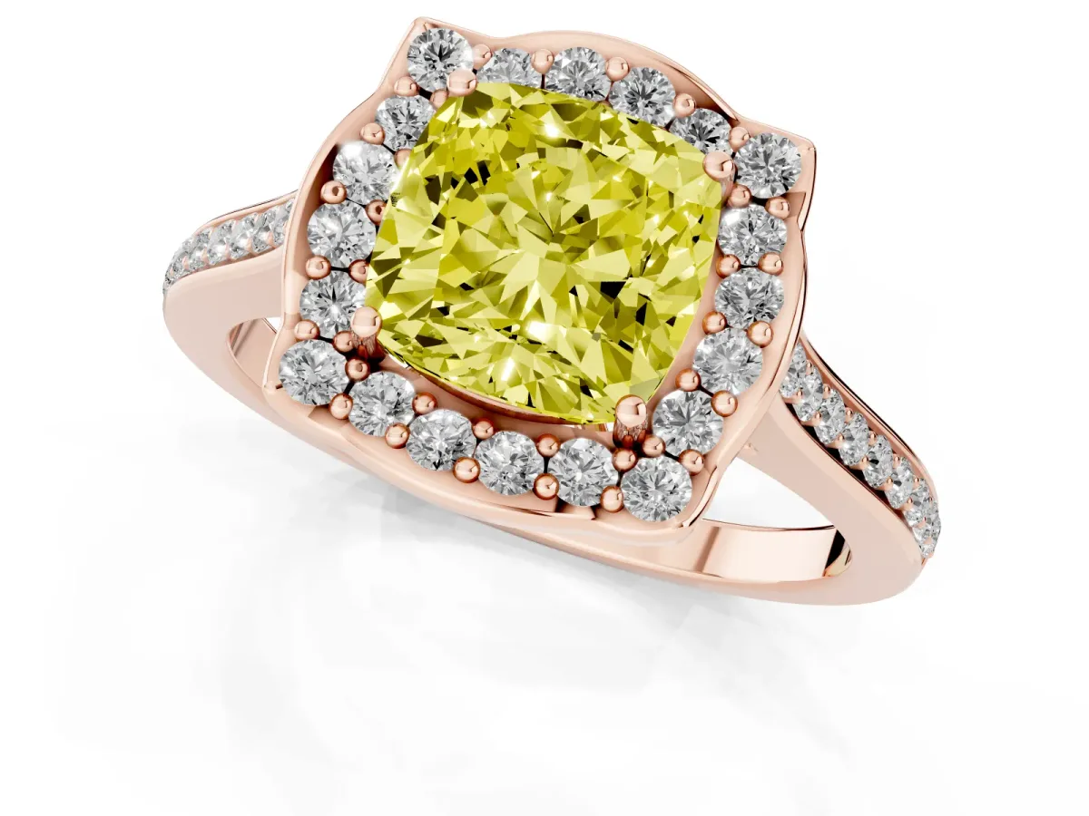 Fancy Yellow Cushion Cut Halo Round Diamond Pave Band with Four-Prong Setting Rose gold
