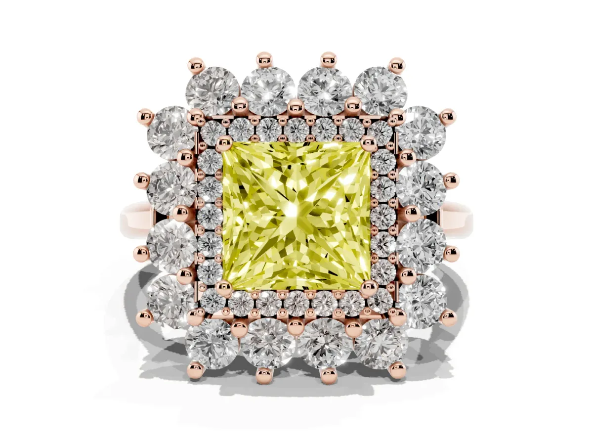Fancy Yellow Princess Cut Diamond Floral Double Halo Engagement Ring with Prong Setting Rose gold