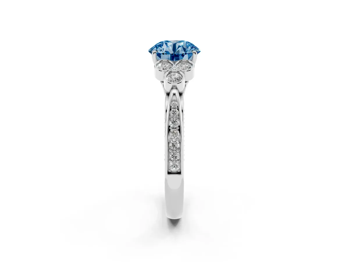 Fancy Blue Round Cut Cut Diamond Engagement Ring with Bezel Set Round Side Stones and Prong Setting Silver